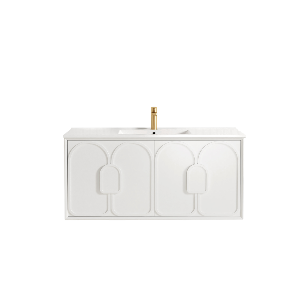 Otti Laguna Mark II 1200mm Matte White Wall Hung Vanity with Natural Carrara Top and Undermount Basin