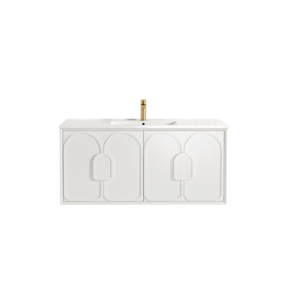 Otti Laguna Mark II 1200mm Matte White Wall Hung Vanity with Natural Carrara Top and Undermount Basin