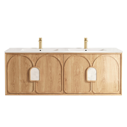 Otti Laguna Mark II 1500mm Woodland Oak Wall Hung Vanity with Natural Carrara Top and Undermount Basin