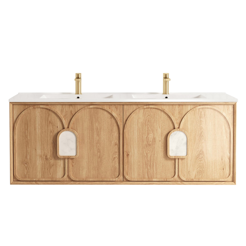 Otti Laguna Mark II 1500mm Woodland Oak Wall Hung Vanity with Natural Carrara Top and Undermount Basin
