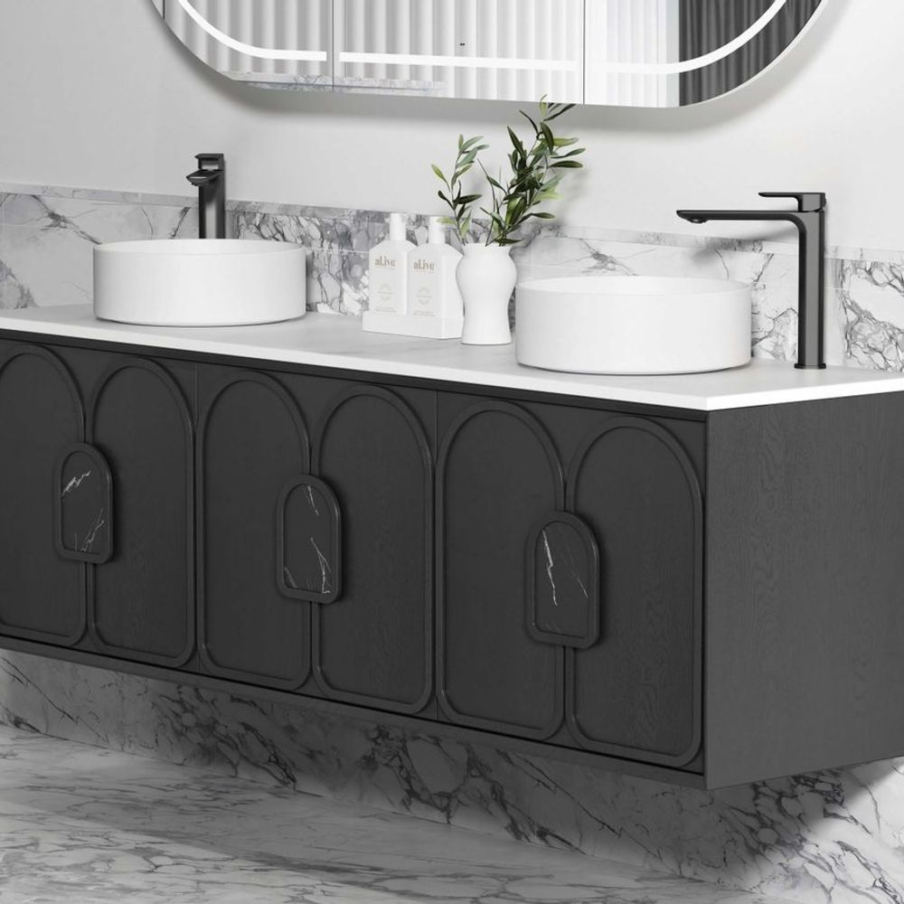 Otti Laguna Mark II 1800mm Black Oak Wall Hung Vanity with Natural Carrara Top and Undermount Basin