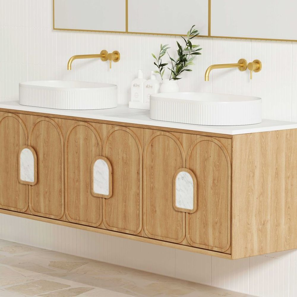 Otti Laguna Mark II 1800mm Woodland Oak Wall Hung Vanity with Natural Carrara Top and Undermount Basin