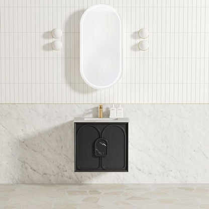 Otti Laguna Mark II 600mm Black Oak Wall Hung Vanity with Natural Carrara Top and Undermount Basin