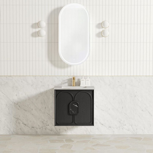 Otti Laguna Mark II 600mm Black Oak Wall Hung Vanity with Natural Carrara Top and Undermount Basin