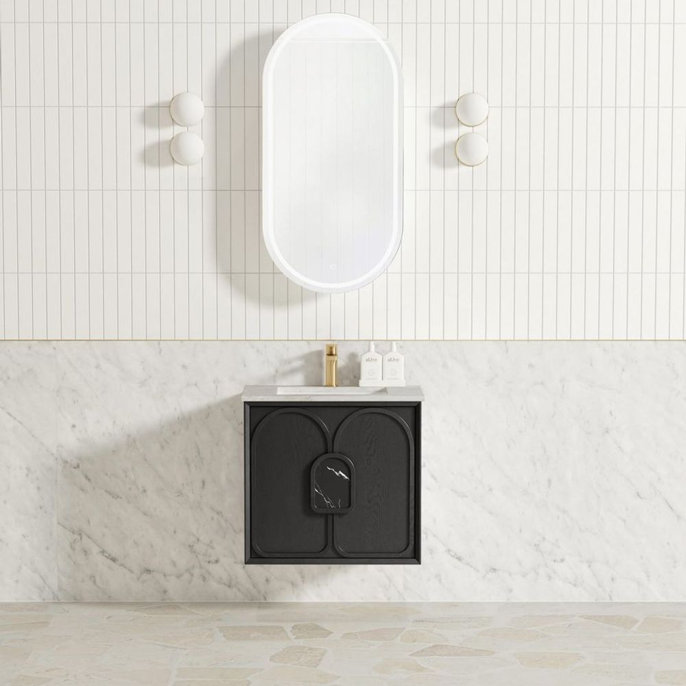 Otti Laguna Mark II 600mm Black Oak Wall Hung Vanity with Natural Carrara Top and Undermount Basin