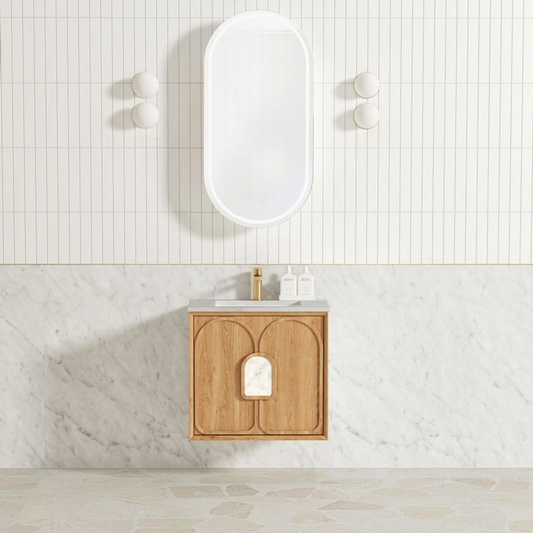 Otti Laguna Mark II 600mm Woodland Oak Wall Hung Vanity with Natural Carrara Top and Undermount Basin