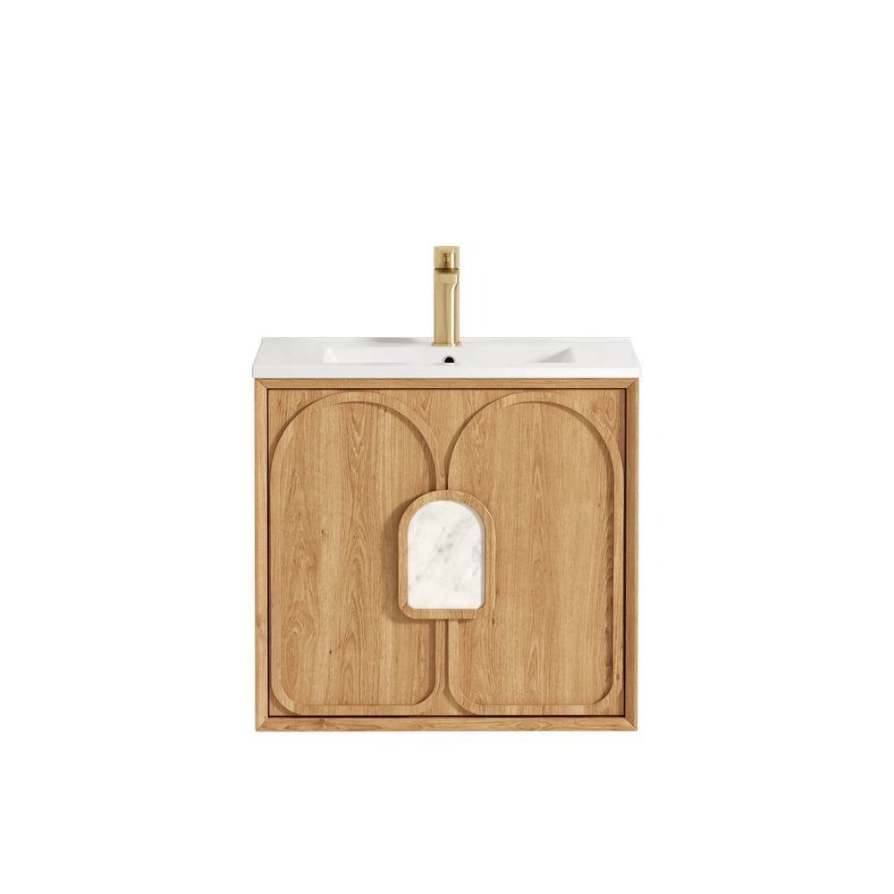 Otti Laguna Mark II 600mm Woodland Oak Wall Hung Vanity with Natural Carrara Top and Undermount Basin