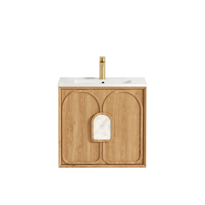 Otti Laguna Mark II 600mm Woodland Oak Wall Hung Vanity with Natural Carrara Top and Undermount Basin