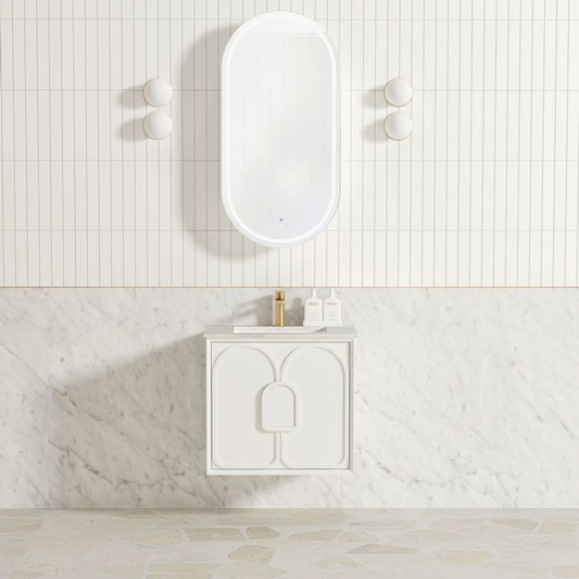 Otti Laguna Mark II 600mm Matte White Wall Hung Vanity with Natural Carrara Top and Undermount Basin