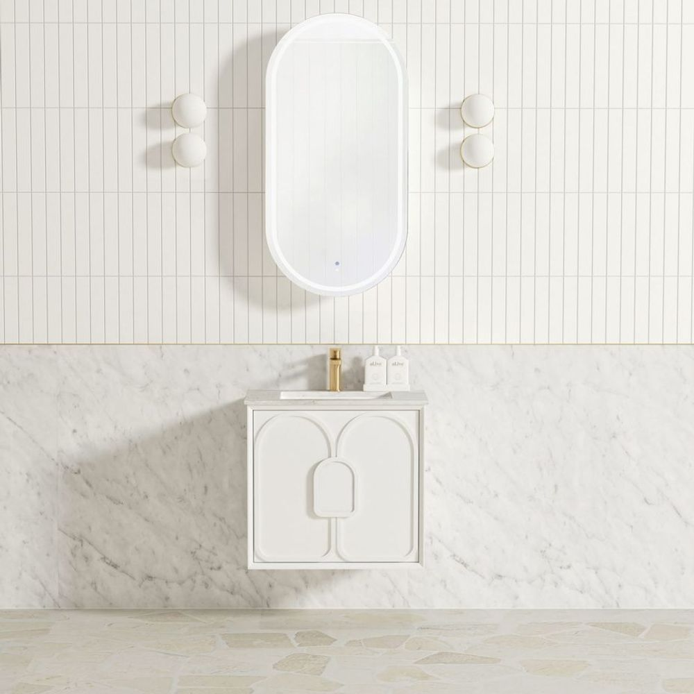 Otti Laguna Mark II 600mm Matte White Wall Hung Vanity with Natural Carrara Top and Undermount Basin
