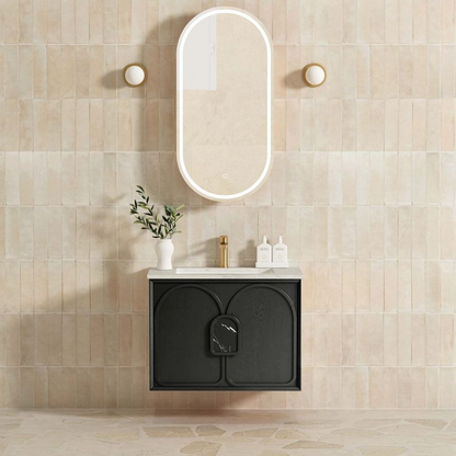 Otti Laguna Mark II 750mm Black Oak Wall Hung Vanity with Natural Carrara Top and Undermount Basin