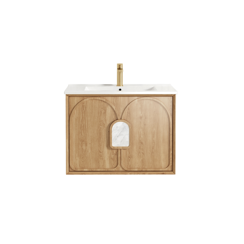 Otti Laguna Mark II 750mm Woodland Oak Wall Hung Vanity with Natural Carrara Top and Undermount Basin