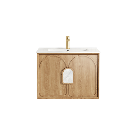 Otti Laguna Mark II 750mm Woodland Oak Wall Hung Vanity with Natural Carrara Top and Undermount Basin