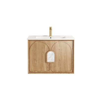 Otti Laguna Mark II 750mm Woodland Oak Wall Hung Vanity with Natural Carrara Top and Undermount Basin