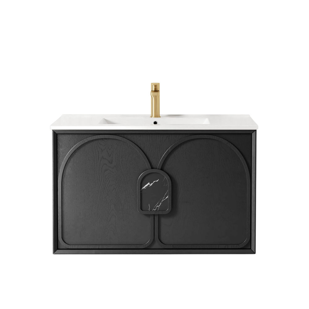 Otti Laguna Mark II 900mm Black Oak Wall Hung Vanity with Natural Carrara Top and Undermount Basin