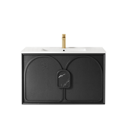 Otti Laguna Mark II 900mm Black Oak Wall Hung Vanity with Natural Carrara Top and Undermount Basin