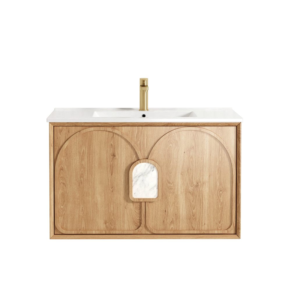 Otti Laguna Mark II 900mm Woodland Oak Wall Hung Vanity with Natural Carrara Top and Undermount Basin