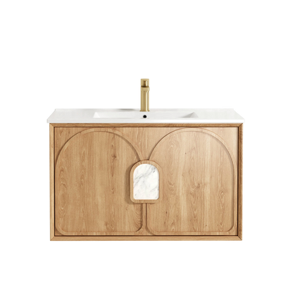 Otti Laguna Mark II 900mm Woodland Oak Wall Hung Vanity with Natural Carrara Top and Undermount Basin