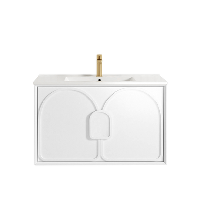 Otti Laguna Mark II 900mm Matte White Wall Hung Vanity with Natural Carrara Top and Undermount Basin
