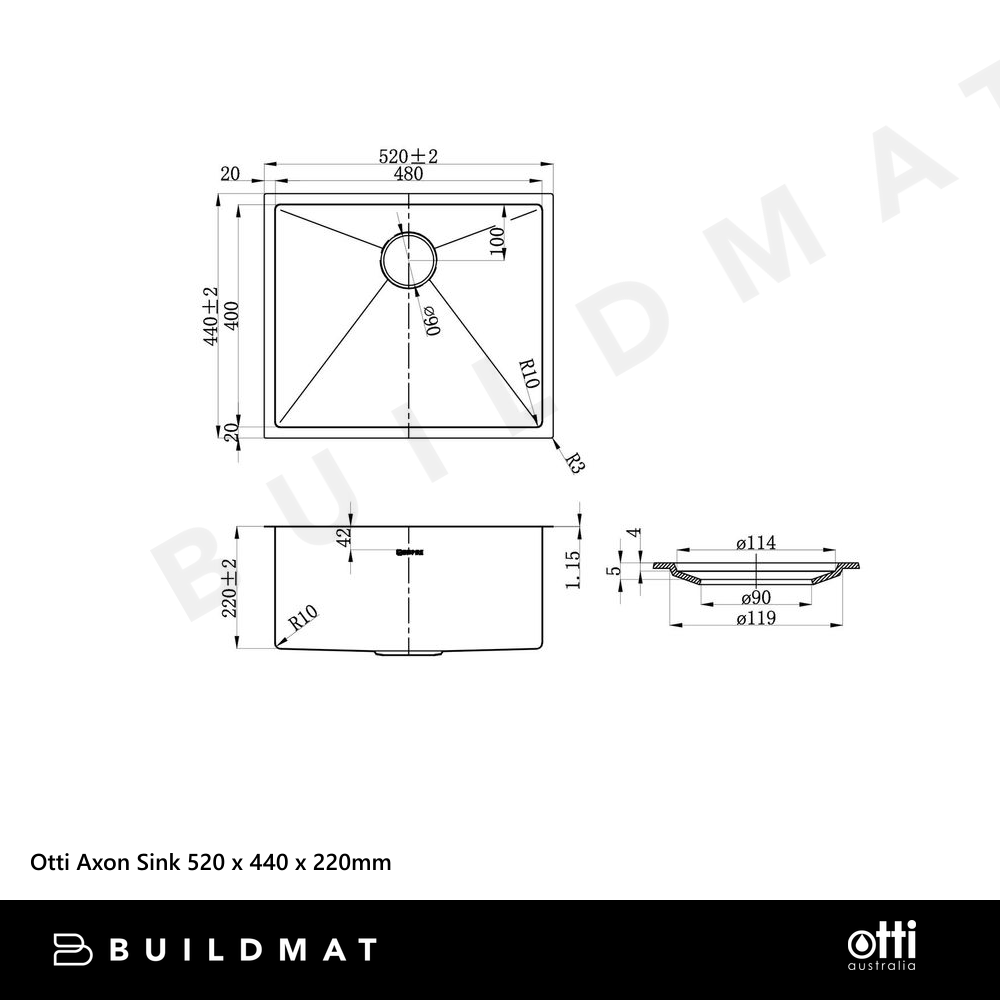 Otti Axon Sink 520x440mm Gunmetal