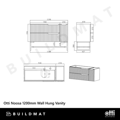 Otti Noosa 1200mm Satin White Wall Hung Vanity with Natural Carrara Marble Top and Undermount Basin