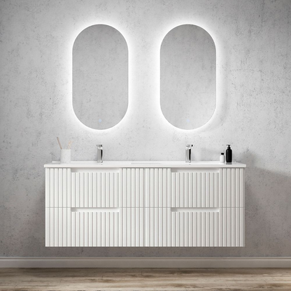 Otti Noosa 1500mm Satin White Wall Hung Vanity with Natural Carrara Marble Top and Double Bowl Undermount Basin
