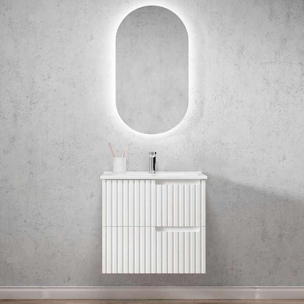 Otti Noosa 600mm Satin White Wall Hung Vanity with Natural Carrara Marble Top and Undermount Basin