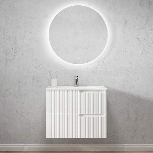 Otti Noosa 750mm Satin White Wall Hung Vanity with Natural Carrara Marble Top and Undermount Basin