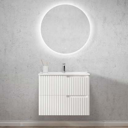 Otti Noosa 750mm Satin White Wall Hung Vanity with Natural Carrara Marble Top and Undermount Basin