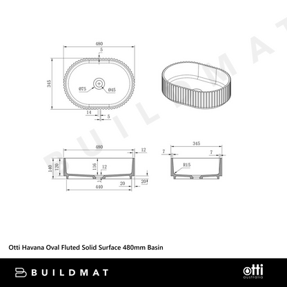 Otti Havana Oval Fluted Solid Surface Basin 480mm Matte White