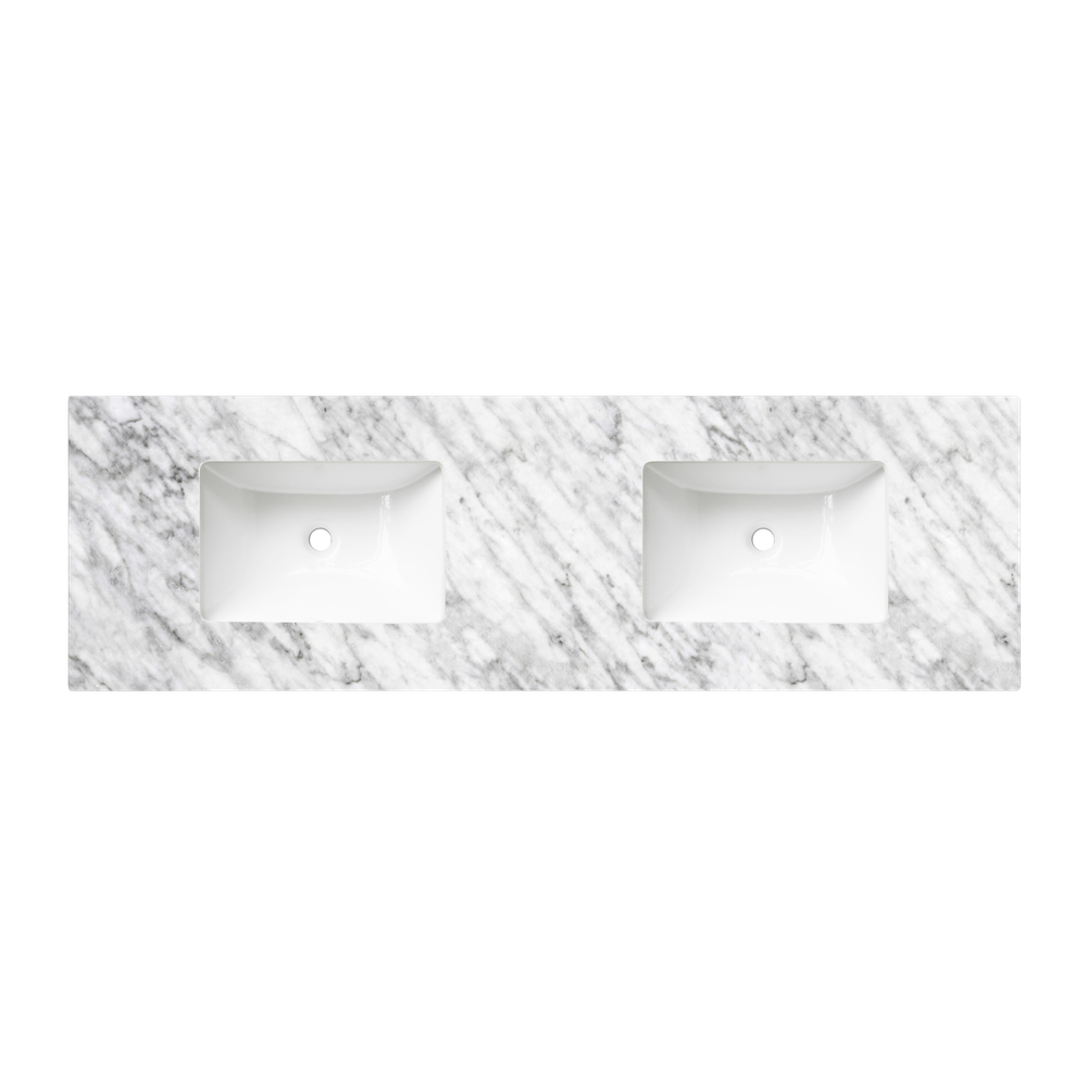 Otti Hampton Mark II 1500mm Satin White Wall Hung Vanity with Natural Carrara Marble Top and Double Bowl Undermount Basin