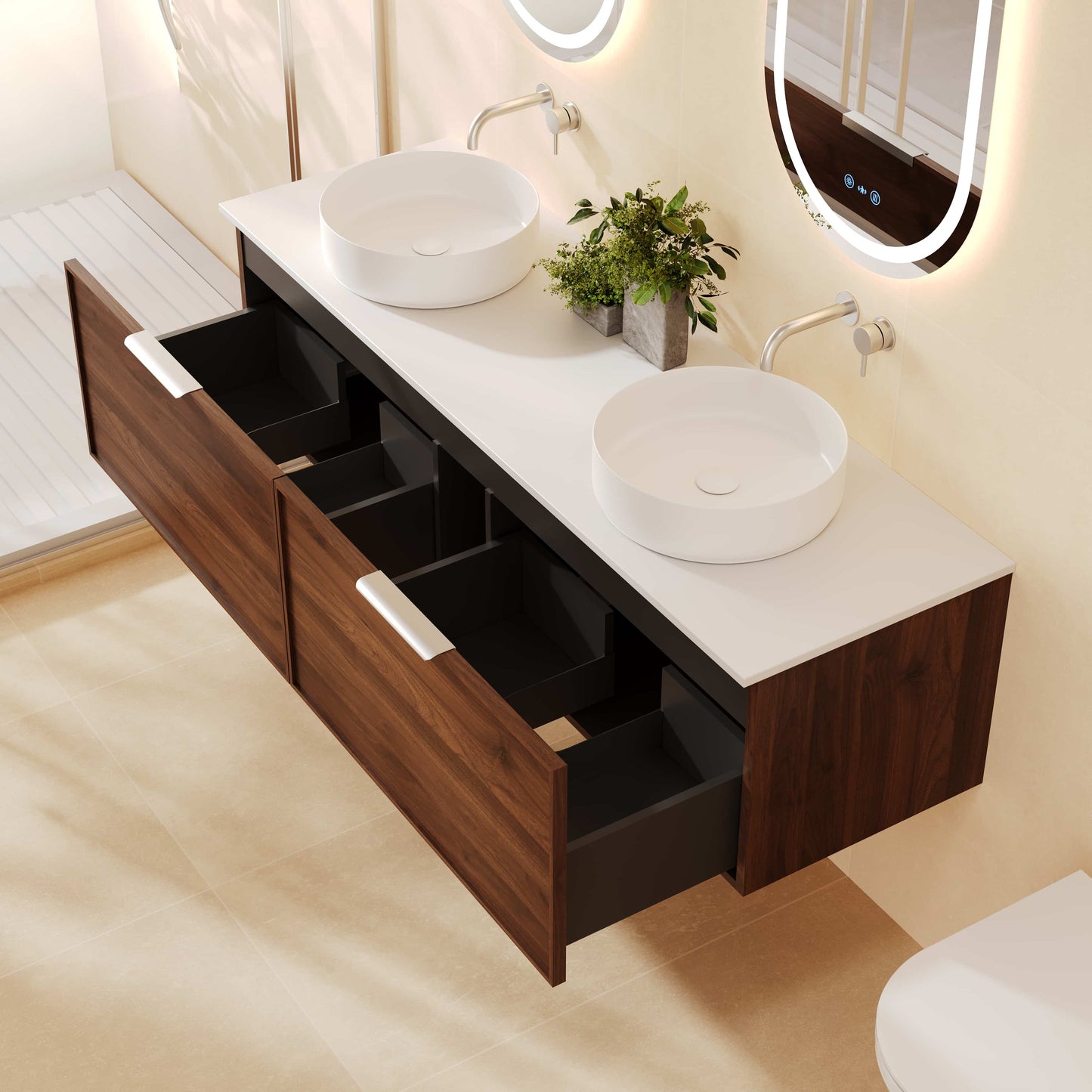 Paris 1500mm Wall-Hung Vanity - Walnut Woodmatt - 1500mm / Brushed Brass / Walnut Woodmatt Cabinet & Single Bowl Ceramic Top