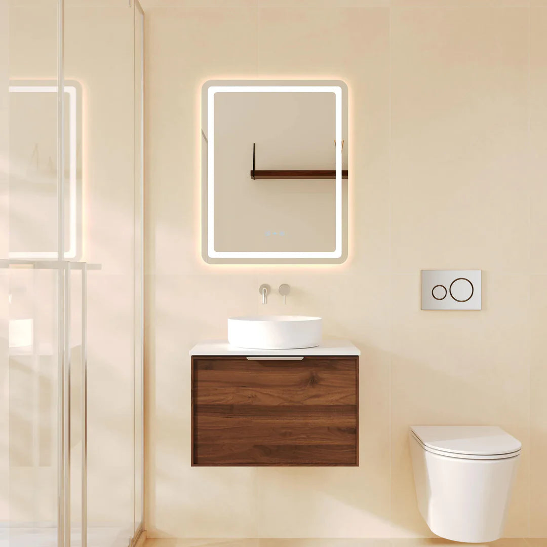 Paris 600mm Wall-Hung Vanity - Walnut Woodmatt - 600MM / Brushed Brass / Walnut Woodmatt Cabinet & White Stone Top