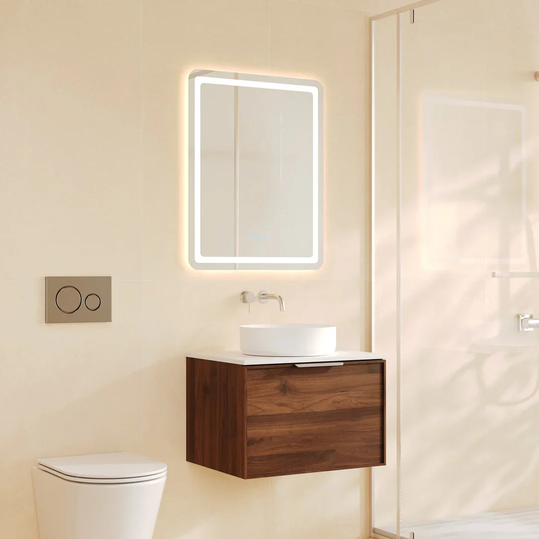 Paris 750mm Wall-Hung Vanity - Walnut Woodmatt - 750mm / Brushed Nickel / Walnut Woodmatt Cabinet & White Stone Top