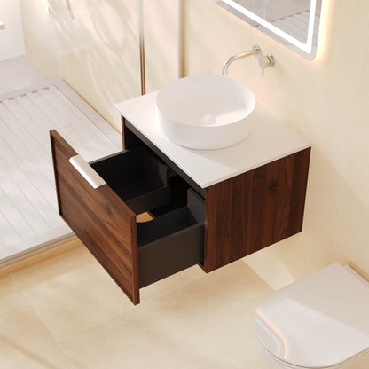 Paris 600mm Wall-Hung Vanity - Walnut Woodmatt - 600MM / Matte Black / Walnut Woodmatt Cabinet & White Stone Top