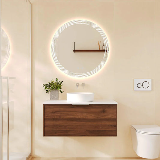 Paris 900mm Wall-Hung Vanity - Walnut Woodmatt - 750mm / Matte Black / Walnut Woodmatt Cabinet & White Stone Top