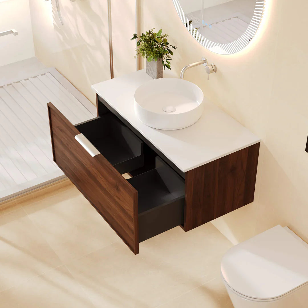 Paris 900mm Wall-Hung Vanity - Walnut Woodmatt - 750mm / Gun Metal / Walnut Woodmatt Cabinet & Ceramic Top