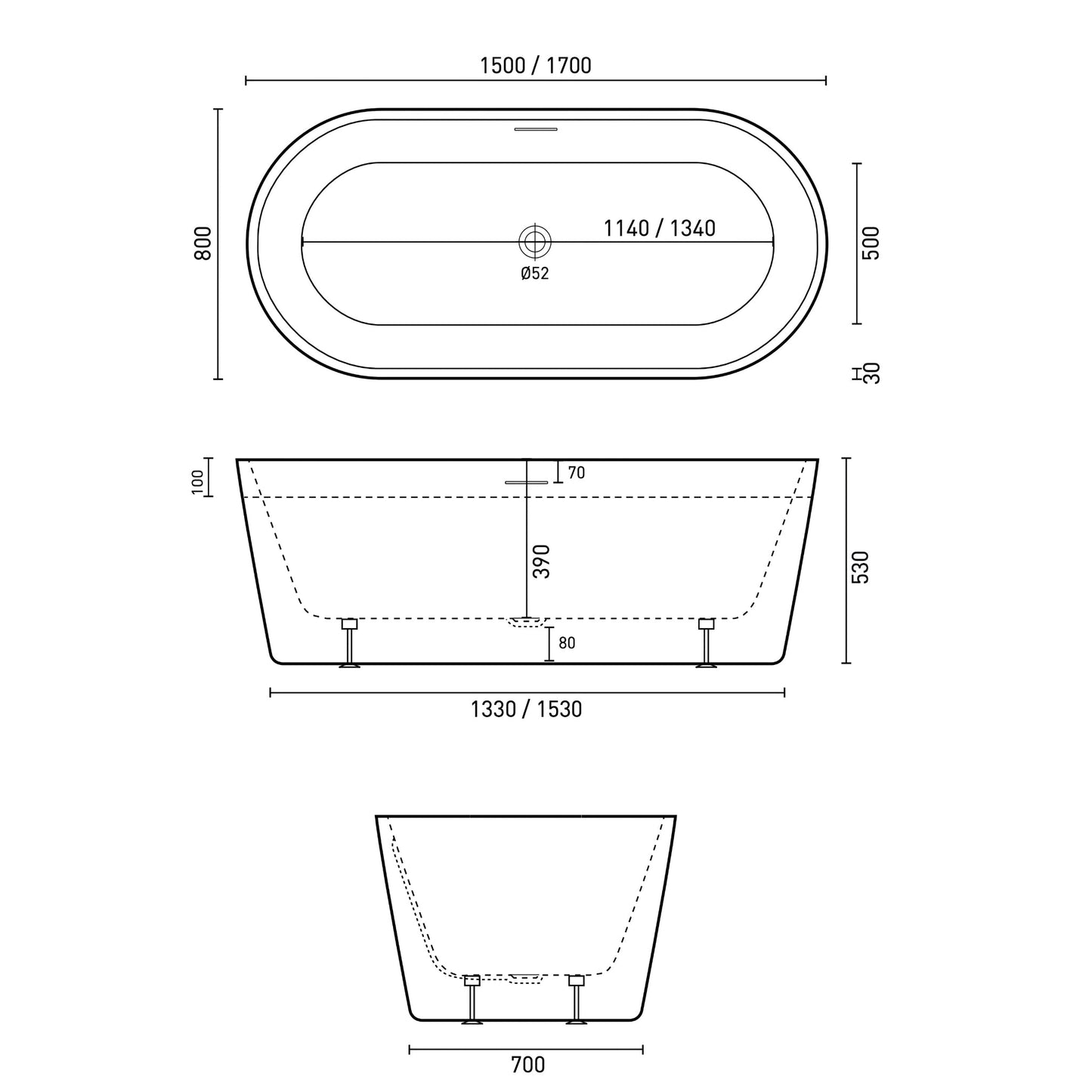 DECINA PREZZO FREESTANDING BATH WITH INTEGRATED OVERFLOW GLOSS WHITE (AVAILABLE IN 1500MM AND 1700MM)