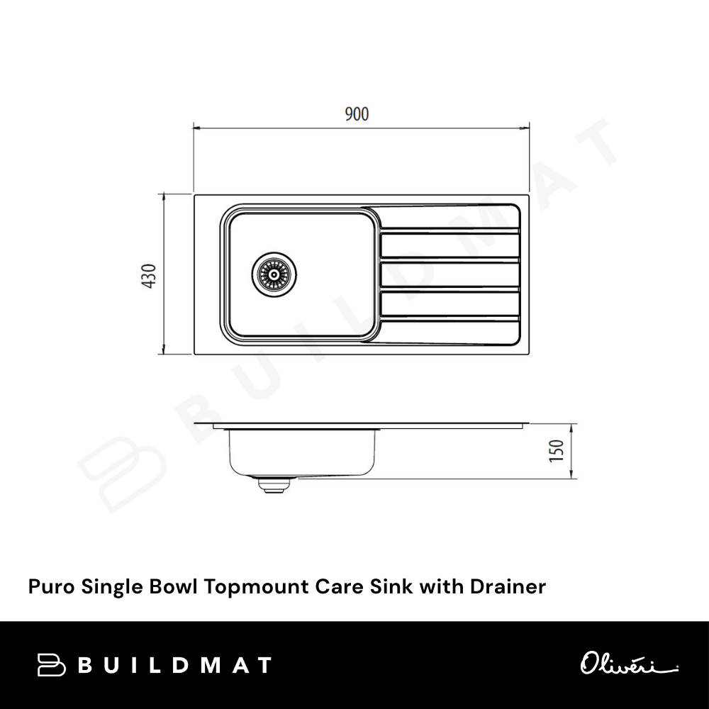 Oliveri Puro Single Bowl Topmount Care Sink with Drainer Stainless Steel