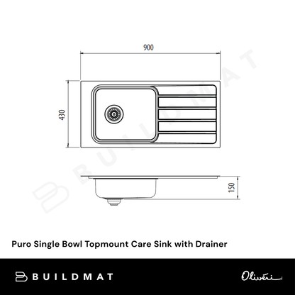 Oliveri Puro Single Bowl Topmount Care Sink with Drainer Stainless Steel