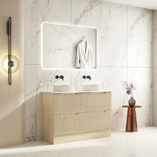 Fluted Rhea 1200mm Freestanding Cabinet - Natural Oak - 1200mm / Natural Oak Cabinet + Carrara White Stone Top