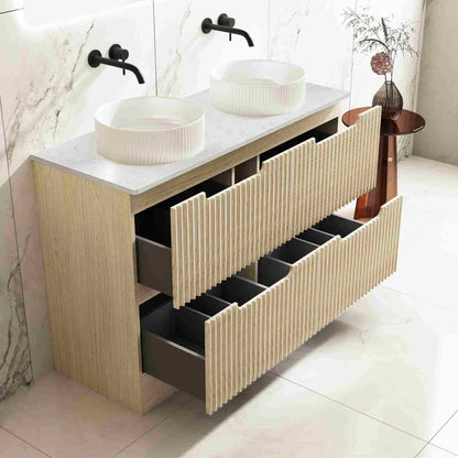 Fluted Rhea 1200mm Freestanding Cabinet - Natural Oak - 1200mm / Natural Oak Cabinet + Carrara White Stone Top