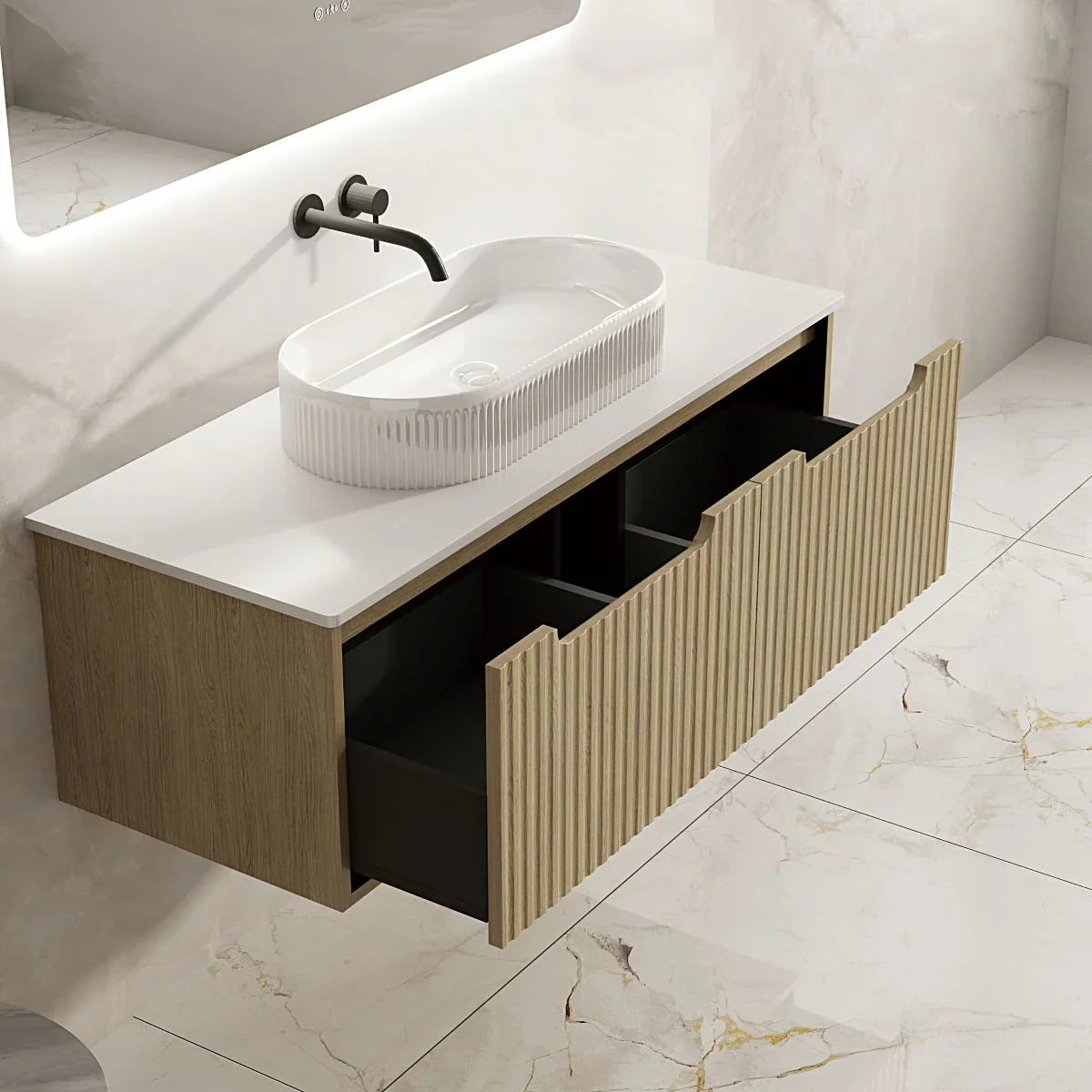 Fluted Rhea 1200mm Wall-Hung Cabinet - Natural Oak - 1200mm / Natural Oak Cabinet Only