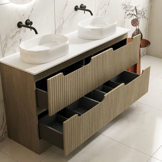 Fluted Rhea 1500mm Freestanding Cabinet - Natural Oak - 1500mm / Natural Oak Cabinet + Luna White Stone Top