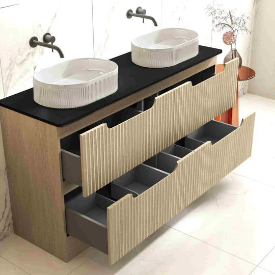 Fluted Rhea 1500mm Freestanding Cabinet - Natural Oak - 1500mm / Natural Oak Cabinet + Black Stone Top