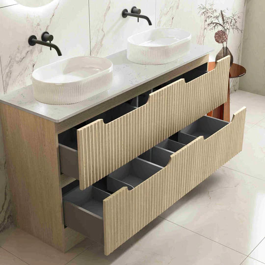 Fluted Rhea 1500mm Freestanding Cabinet - Natural Oak - 1500mm / Natural Oak Cabinet + Carrara White Stone Top