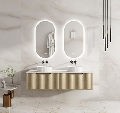 Fluted Rhea 1500mm Wall-Hung Cabinet - Natural Oak - 1500mm / Natural Oak Cabinet + Carrara White Stone Top