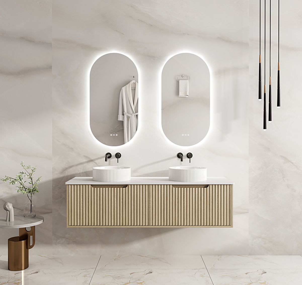 Fluted Rhea 1500mm Wall-Hung Cabinet - Natural Oak - 1500mm / Natural Oak Cabinet + Black Stone Top