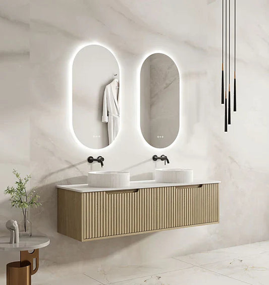 Fluted Rhea 1500mm Wall-Hung Cabinet - Natural Oak - 1500mm / Natural Oak Cabinet + Luna White Stone Top