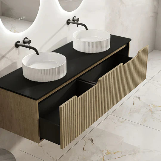 Fluted Rhea 1500mm Wall-Hung Cabinet - Natural Oak - 1500mm / Natural Oak Cabinet + Luna White Stone Top